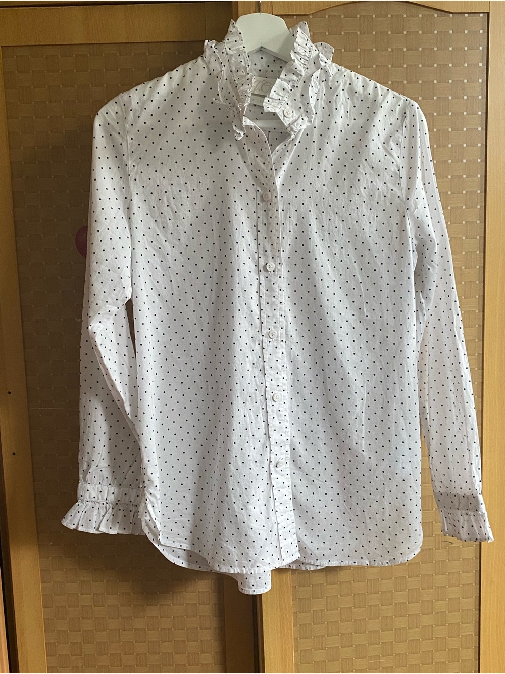 J. Crew White Long-Sleeve Polka Dot Ruffle Collar Blouse